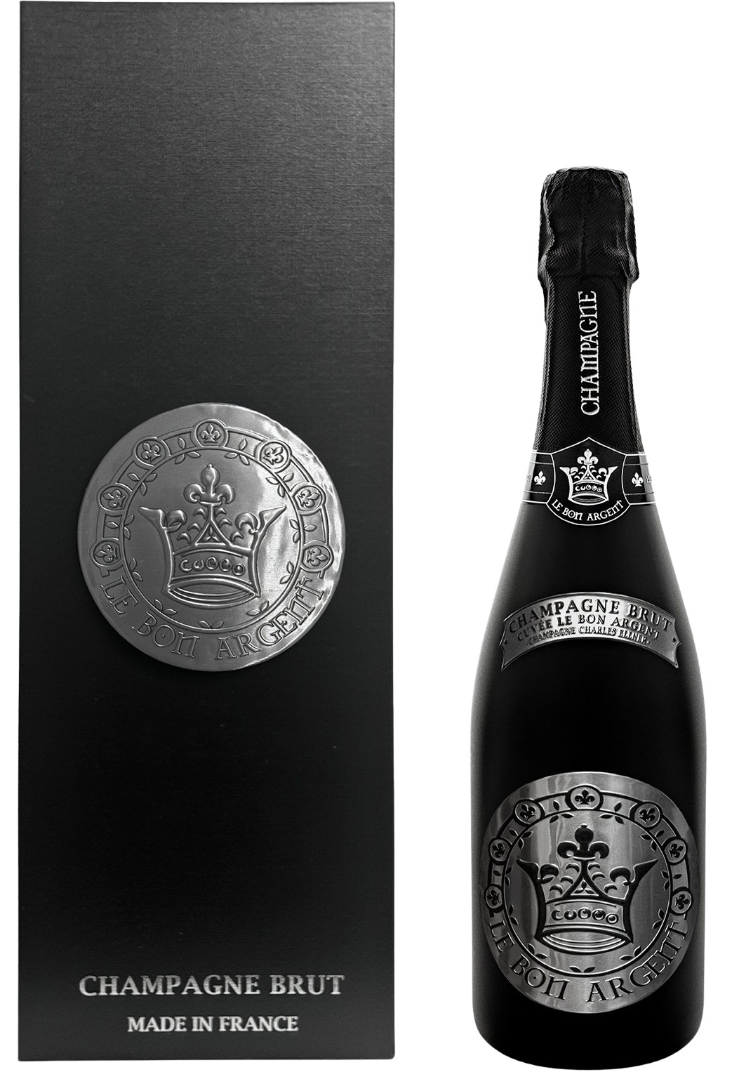 Le Bon Argent champagne bottle in a spotlight